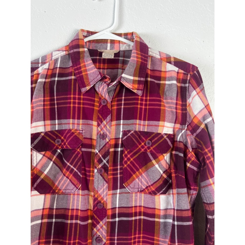 Duluth Trading Women's Plaid Flannel Button Down Shirt Size Medium Pink Orange